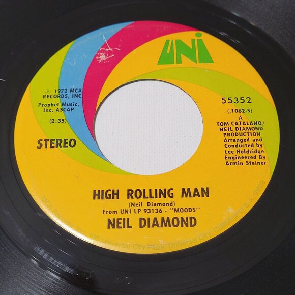 Neil Diamond - Walk On Water / High Rolling Man - UNI 45 RPM Vinyl '72 - Picture 2 of 2